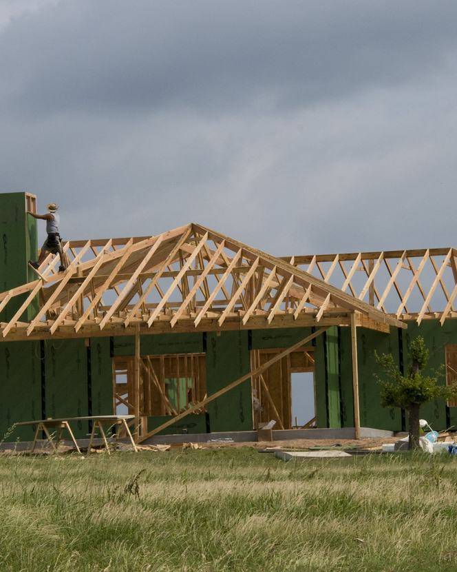 New roof framing on a home being rebuilt after a tornado