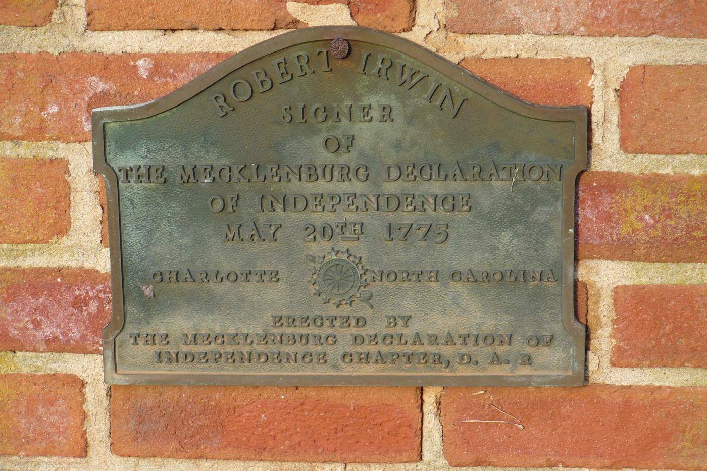 Bronze plaque honoring Robert Irwin, a signer of the Mecklenburg Declaration